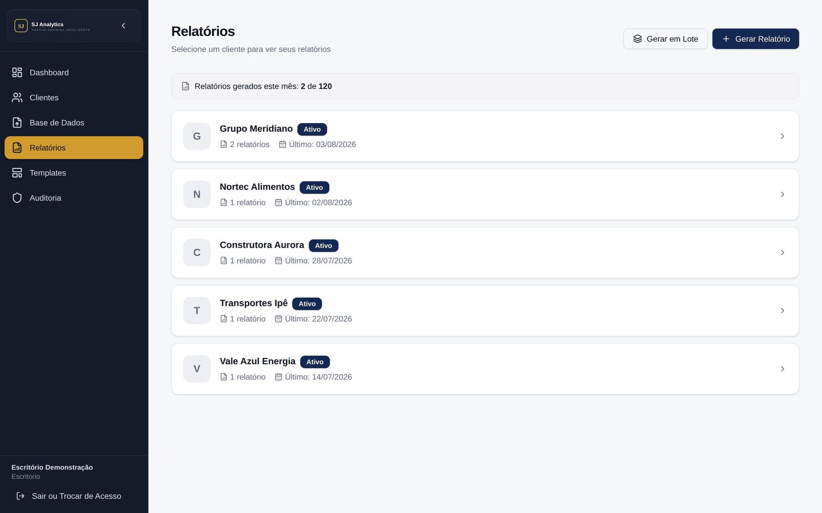 Lista de relatórios publicados de um cliente
