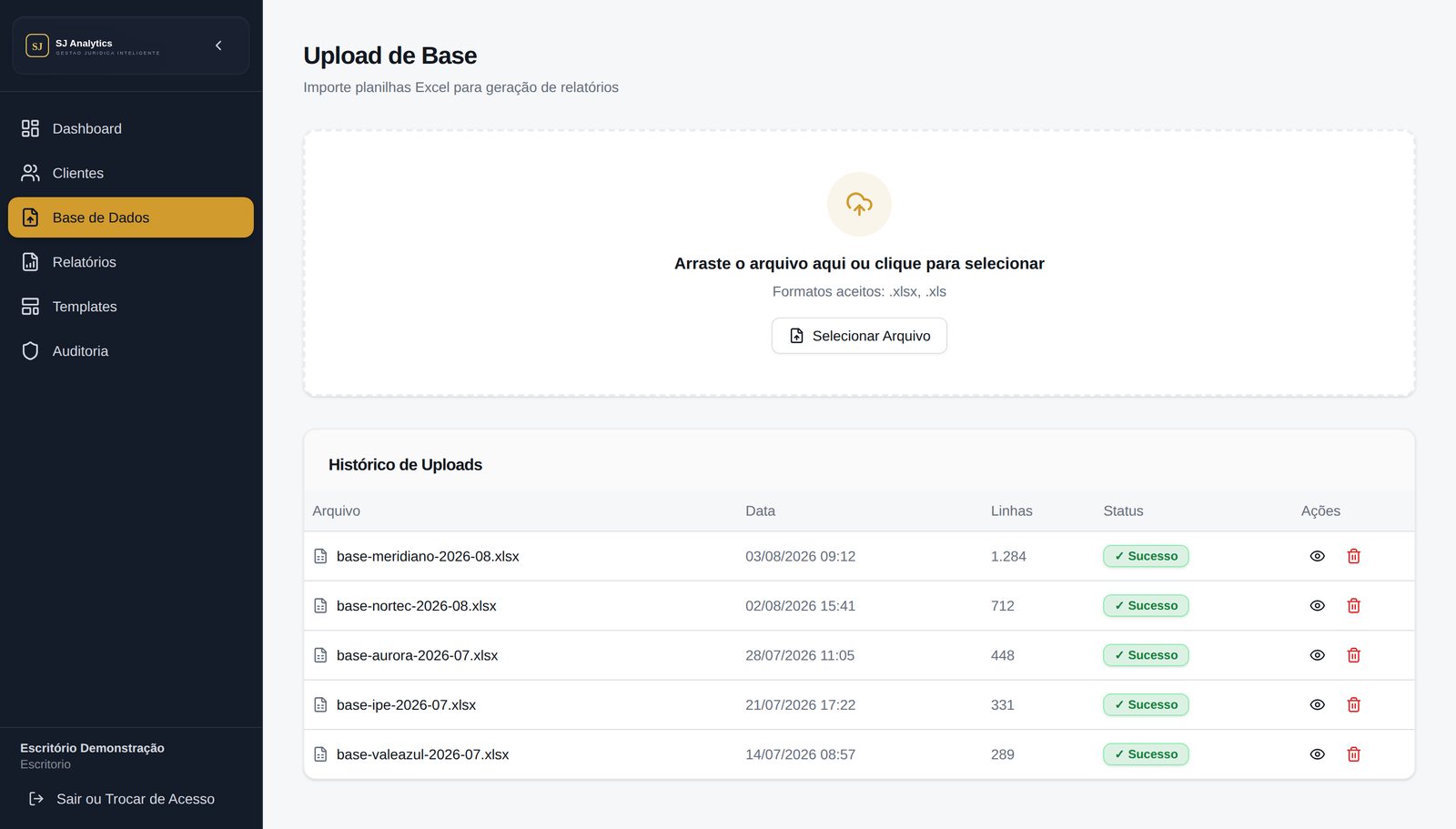 Tela de base de dados com o histórico de envios de planilha por cliente