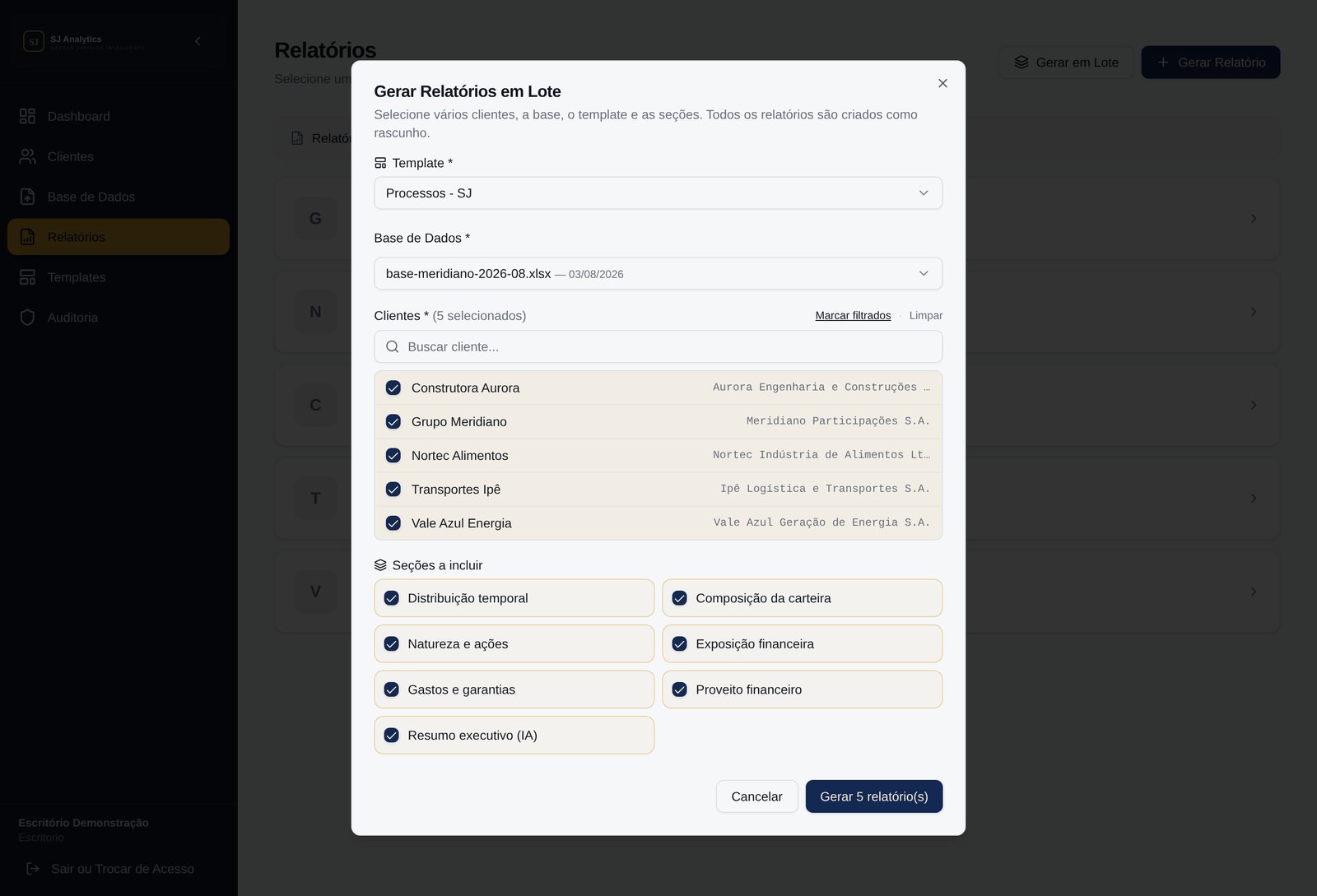 Tela de geração em lote com o acompanhamento por cliente